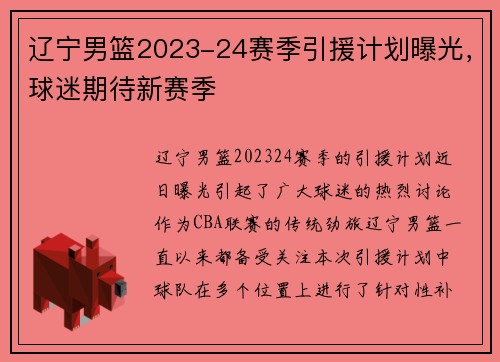 辽宁男篮2023-24赛季引援计划曝光，球迷期待新赛季